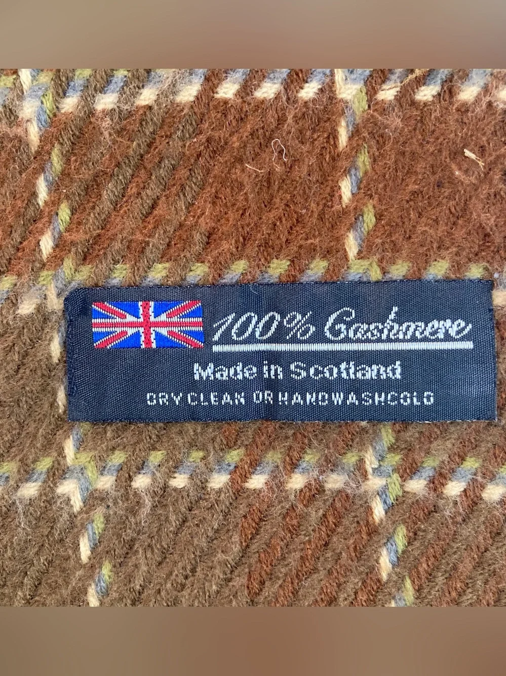 100% Cashmere Scarf With Fringe, Brown Plaid, Made In Scotland